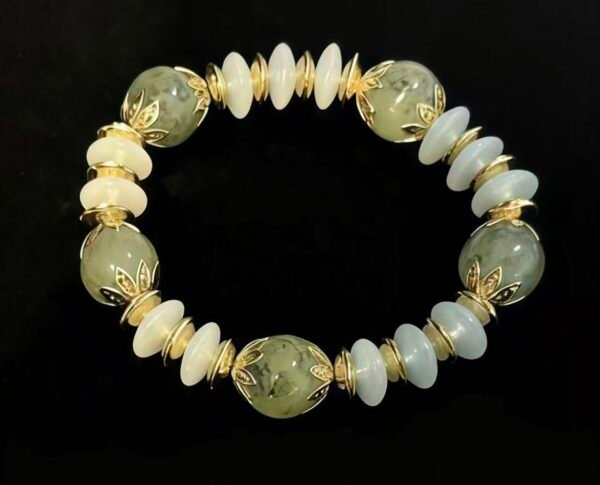 Vintage Green & Cream "Green Grape Milk Lid" Bracelet | Glass Bead Alloy Elastic Jewelry