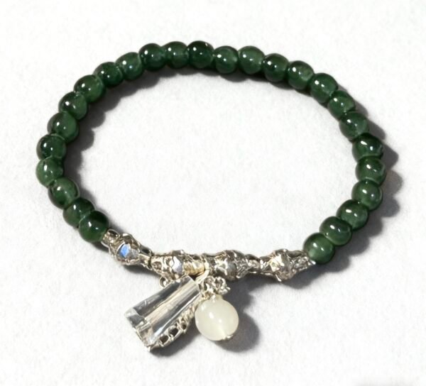 Vintage Dark Green Beaded Bracelet with Crystal Charm | Glass Bead Alloy Elastic Jewelry