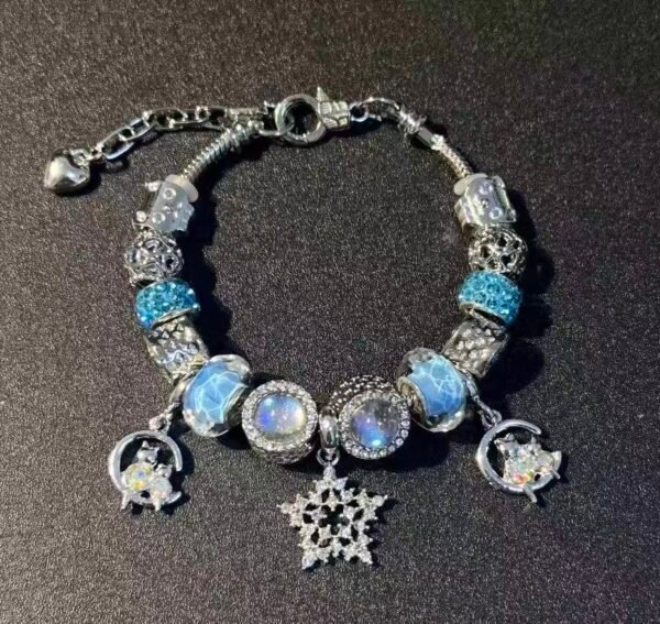 Vintage Blue Cat-Eye Charm Bracelet | Whimsical Star Snowflake Retro Silver-Plated Jewelry