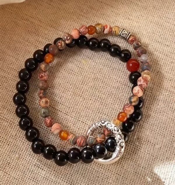 Chinese Style Peace Buckle Double-Layer Bracelet | Natural Stone, Glaze & Copper Elastic Bracelet | Unisex Versatile Couple Jewelry for Daily Wear & Gifting