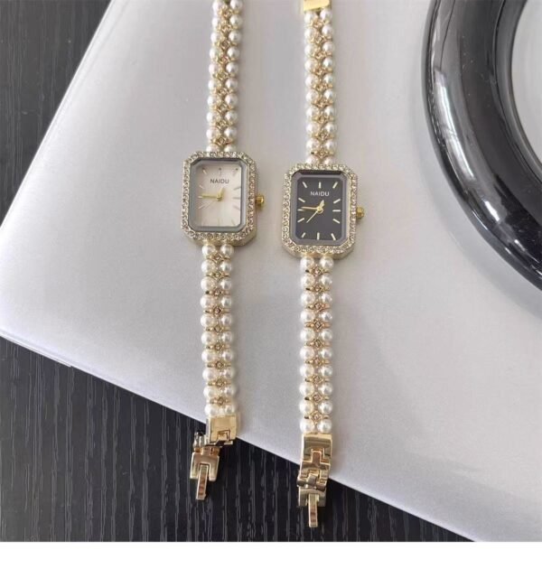 Elegant Pearl Chain Wristwatch | Square Face Crystal-Encrusted Ladies Watch